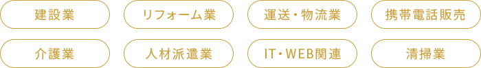 建設業　リフォーム業　運送・物流業　携帯電話販売　介護業　人材派遣業　IT・WEB関連　清掃業