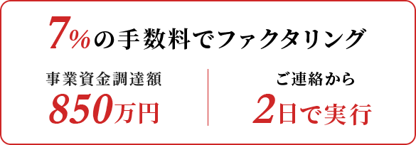 7％の手数料でファクタリング　事業資金調達額850万円　ご連絡から2日で実行